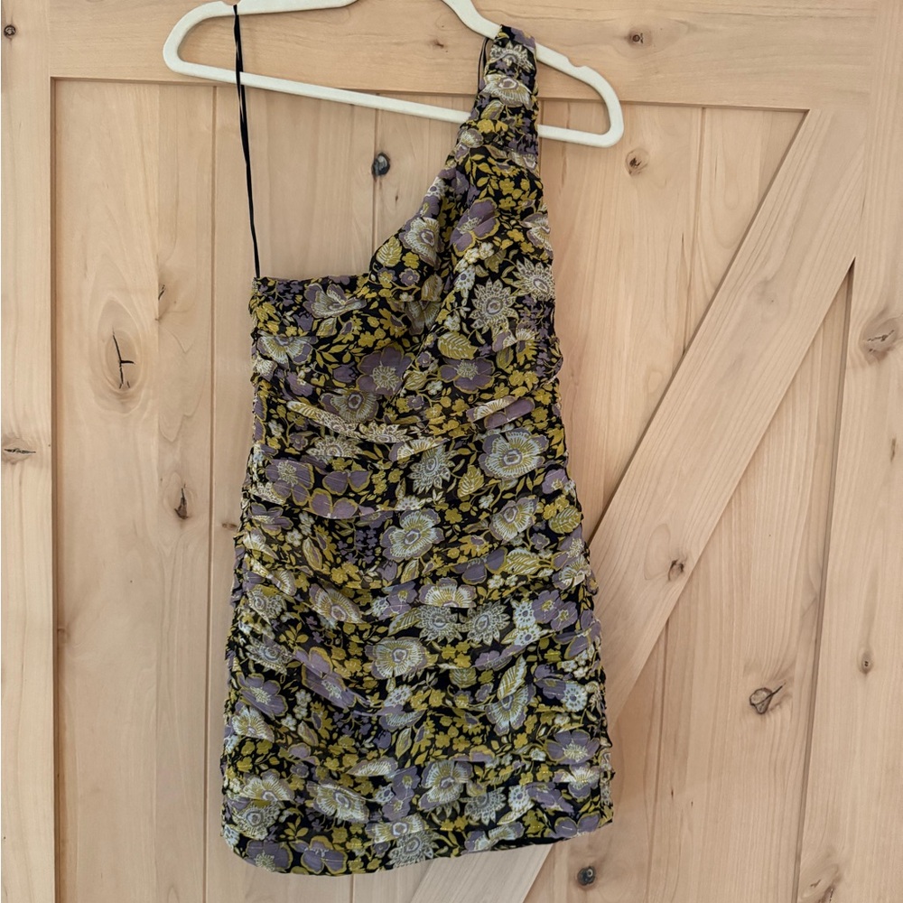Zara One-Shoulder Dress in Purple and Yellow Floral- Size Small NWT